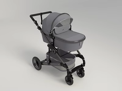 Gray Baby Stroller With Modern Design Canopy Storage Basket And Wheels 3d model