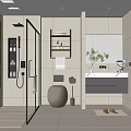 Modern Bathroom Interior With Shower Area Toilet Vanity Mirror Shelf And Green Plant