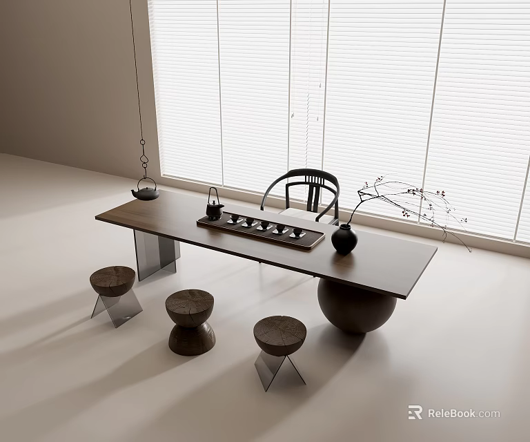 Modern Tea Table and Stools Set in Minimalist Interior with Window Blinds and Decorative Items 3d model