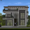 Modern Detached Villa Exterior With Large Windows Balconies Greenery And Car
