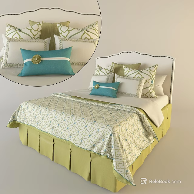 Double Bed With White Headboard Green Bed Skirt And Patterned Bedspread Blue Cushion 3d model 