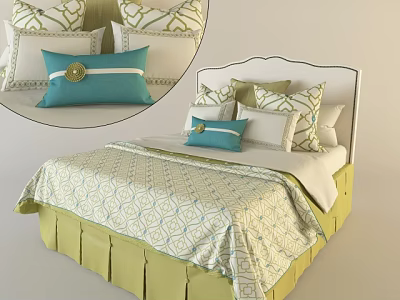 Double Bed With White Headboard Green Bed Skirt And Patterned Bedspread Blue Cushion 3d model