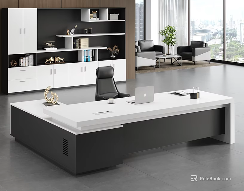 Modern Office Desk With White Top Black Frame Laptop And Office Supplies In Spacious Office With Green Plant 3d model 