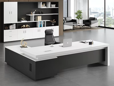 Modern Office Desk With White Top Black Frame Laptop And Office Supplies In Spacious Office With Green Plant 3d model