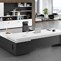 Modern Office Desk With White Top Black Frame Laptop And Office Supplies In Spacious Office With Green Plant