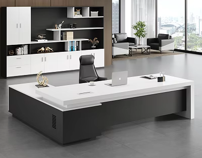 Modern Office Desk With White Top Black Frame Laptop And Office Supplies In Spacious Office With Green Plant 3d model