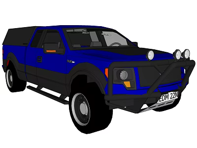 Blue Pickup Truck With Black Front Bumper Roof Lights And Large Tires 3d model