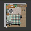 Cozy Small Room Interior With Checkered Bed Desk Computer Curtains Wooden Cabinet And Green Plants