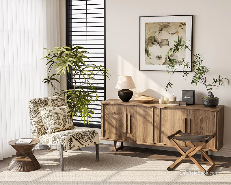 Natural Wooden Console Cabinet In Cozy Living Room With Plants And Artwork 3d model 