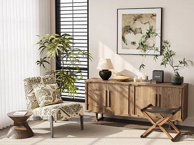 Natural Wooden Console Cabinet In Cozy Living Room With Plants And Artwork 3d model