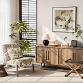 Natural Wooden Console Cabinet In Cozy Living Room With Plants And Artwork