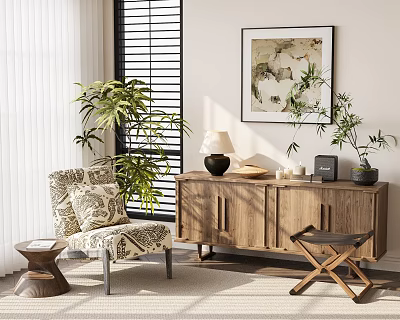 Natural Wooden Console Cabinet In Cozy Living Room With Plants And Artwork 3d model