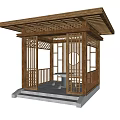 Traditional Wooden Pavilion With Carved Lattice Windows And White Stone Base Design