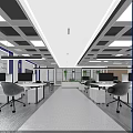 Modern Public Office Space With Open Layout Desks Computers Ergonomic Chairs And Ceiling Lighting 3d model