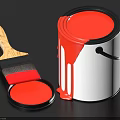 Red Paint Bucket With Dripping Paint And Wooden Handle Paintbrush For Home Use