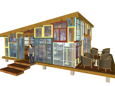 Modern Wooden House With Large Glass Windows Open Terrace And Chairs 3d model