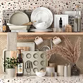 Modern Kitchenware Display With Plates Bowls Mugs Muffin Tin And Cutting Boards