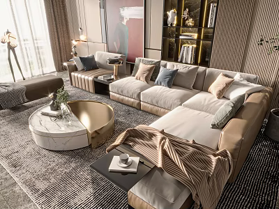 Modern Beige Fabric Sofa Coffee Table Combination With Marble Top Pillows And Soft Rug 3d model