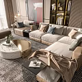 Modern Beige Fabric Sofa Coffee Table Combination With Marble Top Pillows And Soft Rug