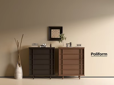 Modern Entryway Side Cabinets with Dark and Brown Design Decorated by Vase and Plant 3d model