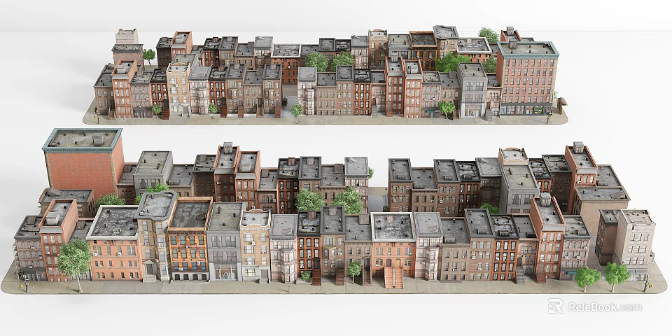 Urban Residential Row House Buildings With Different Colors Varied Roofs And Trees 3d model 