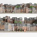 Urban Residential Row House Buildings With Different Colors Varied Roofs And Trees