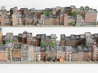 Urban Residential Row House Buildings With Different Colors Varied Roofs And Trees 3d model