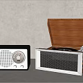 Black And Wooden Vintage Audio Speakers With Mesh Front Panel And Open Lid Vinyl Record Feature