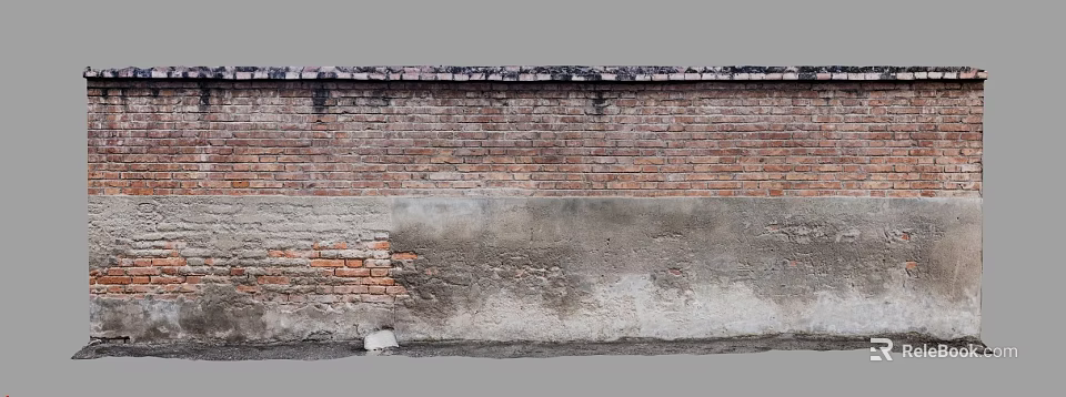 Building Exterior Wall With Red Bricks Upper Section Gray Concrete Middle Layer And Weathered Texture 3d model 