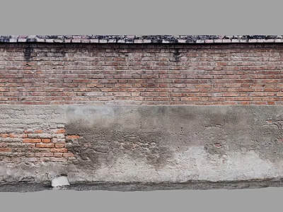 Building Exterior Wall With Red Bricks Upper Section Gray Concrete Middle Layer And Weathered Texture 3d model