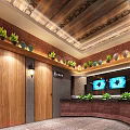 Modern Restaurant Interior Design With Wooden Ceiling Blue Accents Large Screens And Decorative Plants