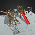 Wooden Playground Equipment with Red Slide Swings Climbing Net and Platforms