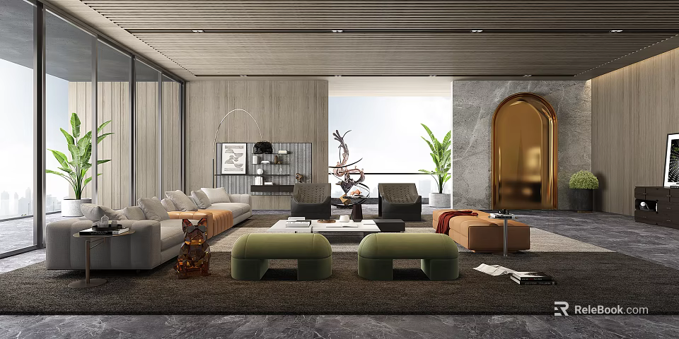 Modern Living Room Interior Design With Floor to Ceiling Windows Green Plant And Arched Doorway 3d model 