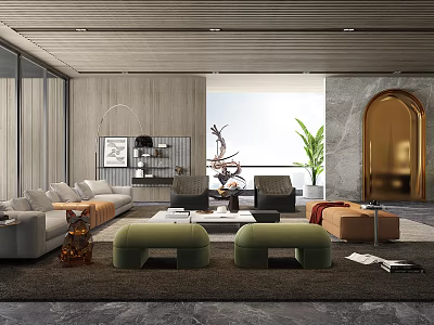 Modern Living Room Interior Design With Floor to Ceiling Windows Green Plant And Arched Doorway 3d model