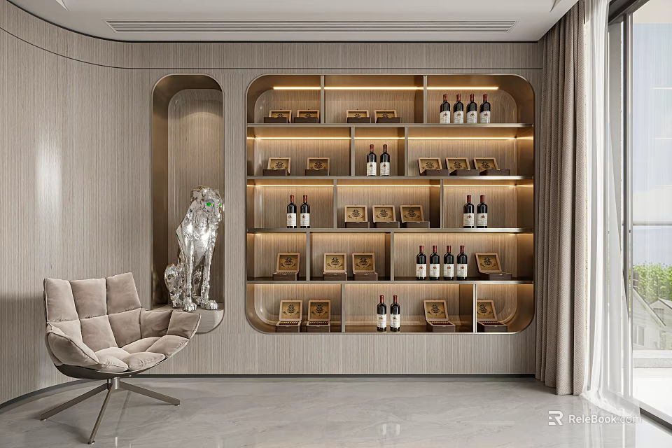 Modern Luxury Wine Cabinet Design With Open Shelves LED Lighting And Wine Displays 3d model 