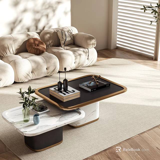 Modern Luxury Sofa and Coffee Table Set with Plush Cushions Marble Top and Decorative Items 3d model 