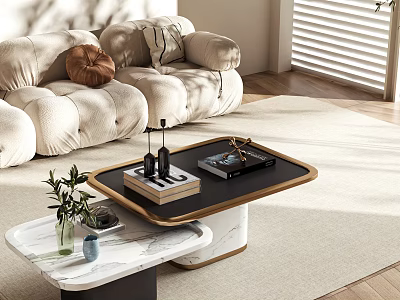 Modern Luxury Sofa and Coffee Table Set with Plush Cushions Marble Top and Decorative Items 3d model