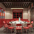 Traditional Chinese Restaurant Featuring Red Chairs Wooden Tables Fu Characters Open Kitchen And Colorful Decor