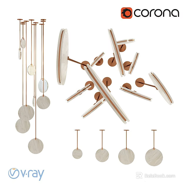 Modern Wooden Chandeliers With Circular Discs And Copper Accents For Interior Design 3d model 