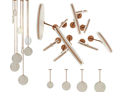 Modern Wooden Chandeliers With Circular Discs And Copper Accents For Interior Design 3d model