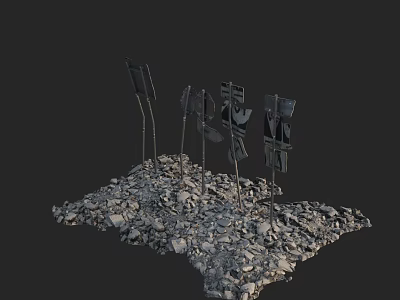 Damaged Billboards Standing on a Pile of Gravel with Broken Frames 3d model
