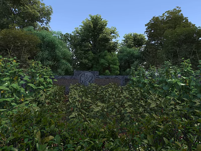 Garden Landscape Design With Lush Trees Green Foliage And Stone Carving 3d model