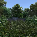 Garden Landscape Design With Lush Trees Green Foliage And Stone Carving
