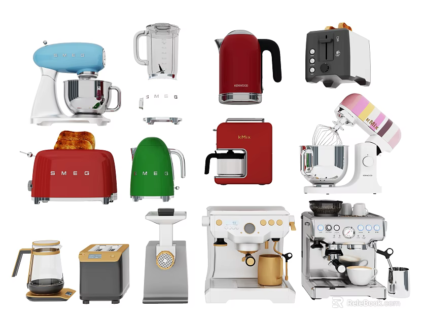 Colorful Modern Kitchen Appliances Collection with Coffee Maker Toaster Blender and Scale 3d model 