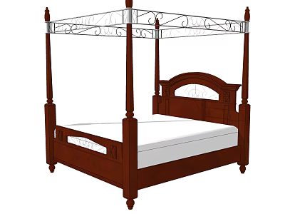Double Bed With Four Poster Design And Wooden Frame Carved Headboard White Mattress 3d model
