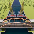 Orange Arch Bridge Construction Over Canal With Cranes Green Trees And Barges Below