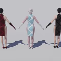 Women in Black Blue Patterned Red Qipao Dresses with Long Gloves High Heels on White