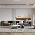 Elegant Modern Living Room Interior With Grey Sofa Geometric Rug And Wooden Coffee Table