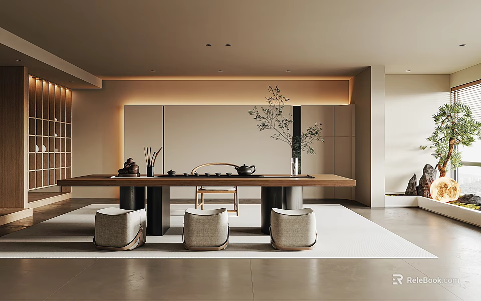 Modern Minimalist Tea Room Interior With Long Table Stools And Plants 3d model