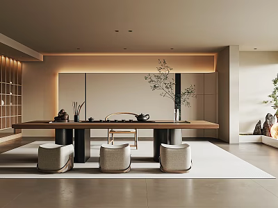 Modern Minimalist Tea Room Interior With Long Table Stools And Plants 3d model